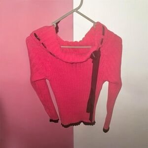 Women’s Hot Pink Ribbed Cowl Neck Sweater w/ Contrast Trim and skirt